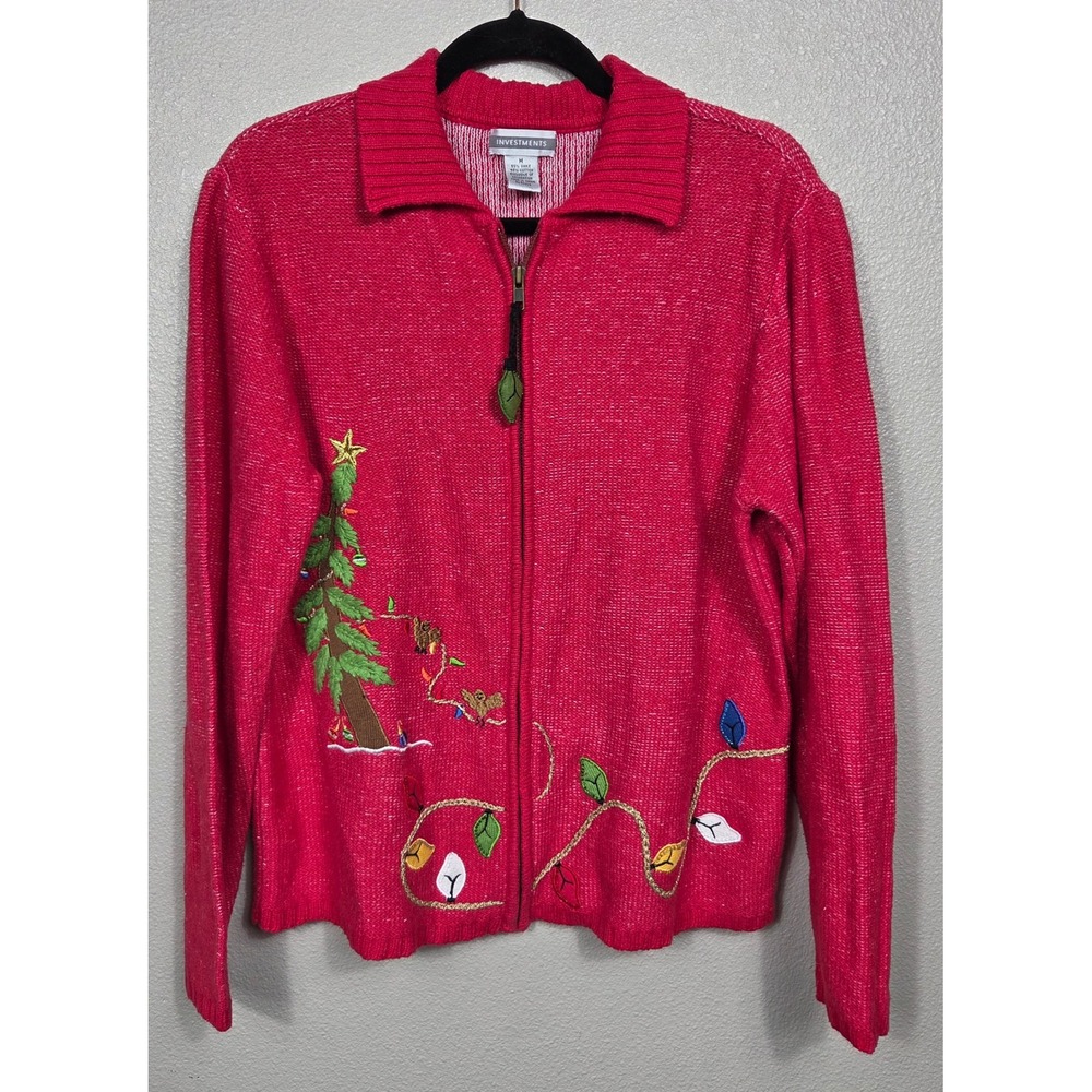 Investments Christmas Tree Squirrel Embroidered Zip Sweater Women's M Red
